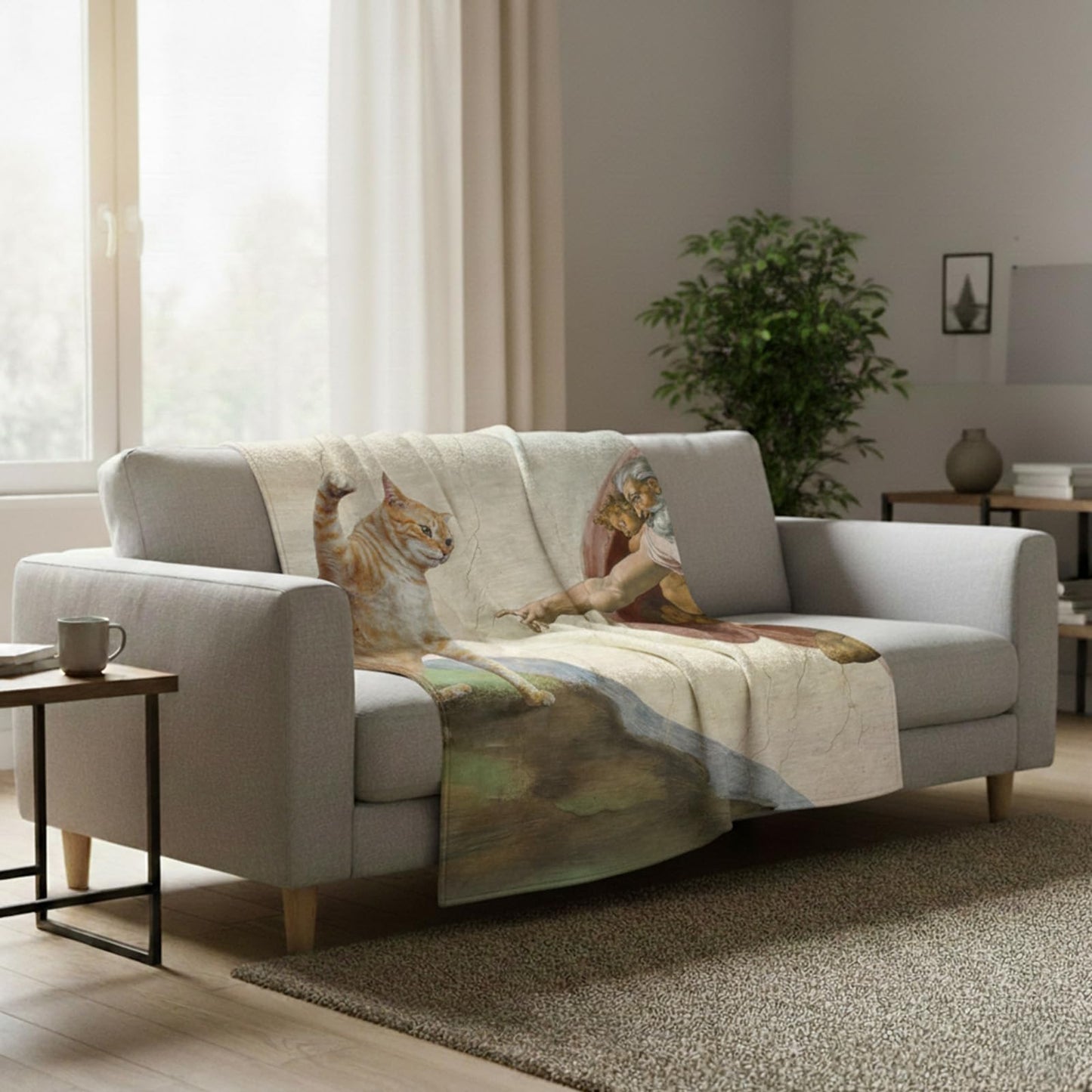 kampdream Funny Cat Art Flannel Blanket, Michelangelo Parody with Orange Cat, Super Soft and Warm Blanket for Couch Sofa Living Room Ideal Gift Beige 50×60 inch
