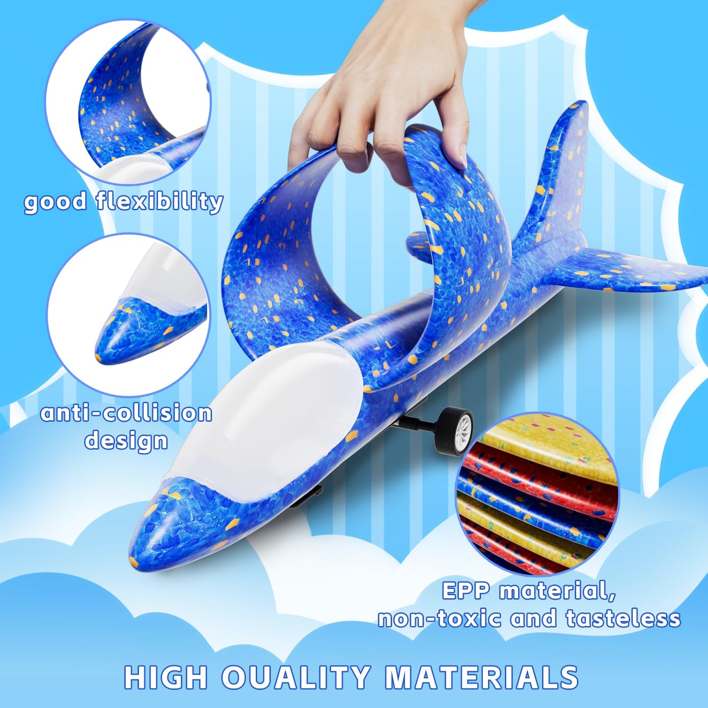 Doloowee 3 Pack Airplane Launcher Toys, 12.6 Inch LED Foam Glider Airplane Catapult, 2 Flight Modes, Outdoor Sports Flying Toys 4 5 6 7 8 9 10 11 12 Years Old Boys Girls Birthday Gifts (Blue)