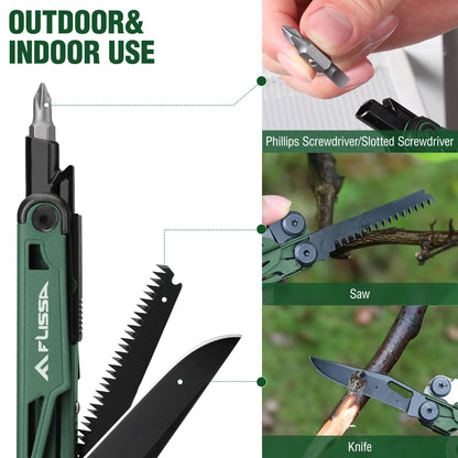 FLISSA Multitool, 15-in-1 Multi Tool Pocket Knife with Sheath, Stainless Steel EDC Multitool Pliers for Men, All-in-One Tools for Camping, Fishing, Survival