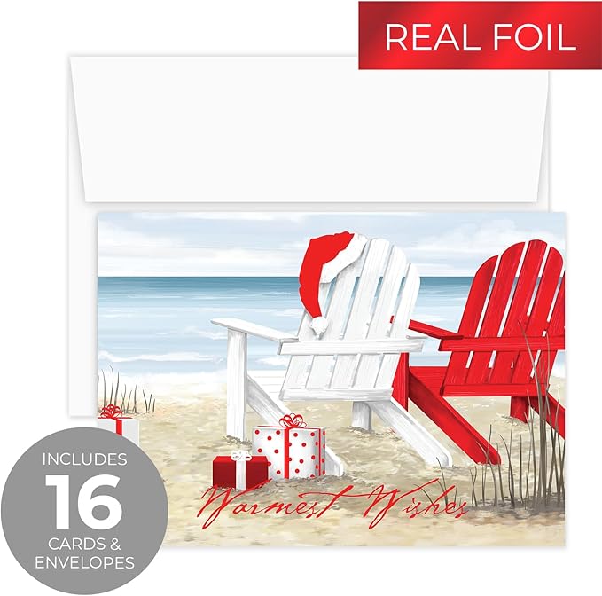 Masterpiece Beach Chairs Cards / 16 Warmest Wishes Coastal Holiday Card Set With Red Foil And White Envelopes / 5 5/8" x 7 7/8" Tropical Vacation Greeting Cards With Meaningful Inside Verse