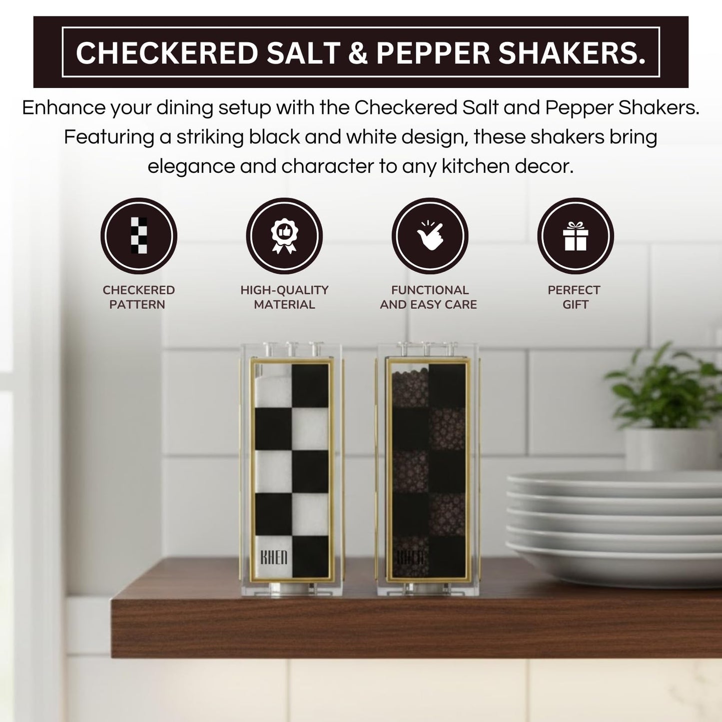 Black and White Checkered Salt and Pepper Shakers Set - Luxurious Lucite Acrylic Square Design - Modern 2.4" x 3.5" Refillable Dispensers - Elegant Kitchen Decor, Dining Table Unique Housewarming Gift