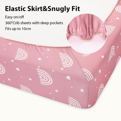 FIEMOL Next to Me Crib Sheets 85x51cm Fitted, 3 Pack Baby Cot Sheets, Ultra Soft & Silky Smooth Microfiber Bedside Crib Fitted Sheets Pink Rainbow