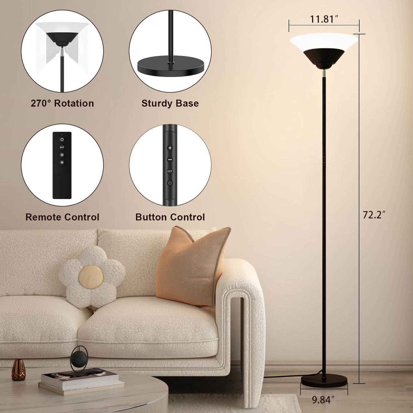 SIBRILLE Torchiere Floor Lamp, 72 Inch 30W LED Standing Lamp, 1800LM, Stepless Dimmable, 3000K-6500K, Remote and Button Control, Modern Pole Light for Living Room Bedroom Office, Black