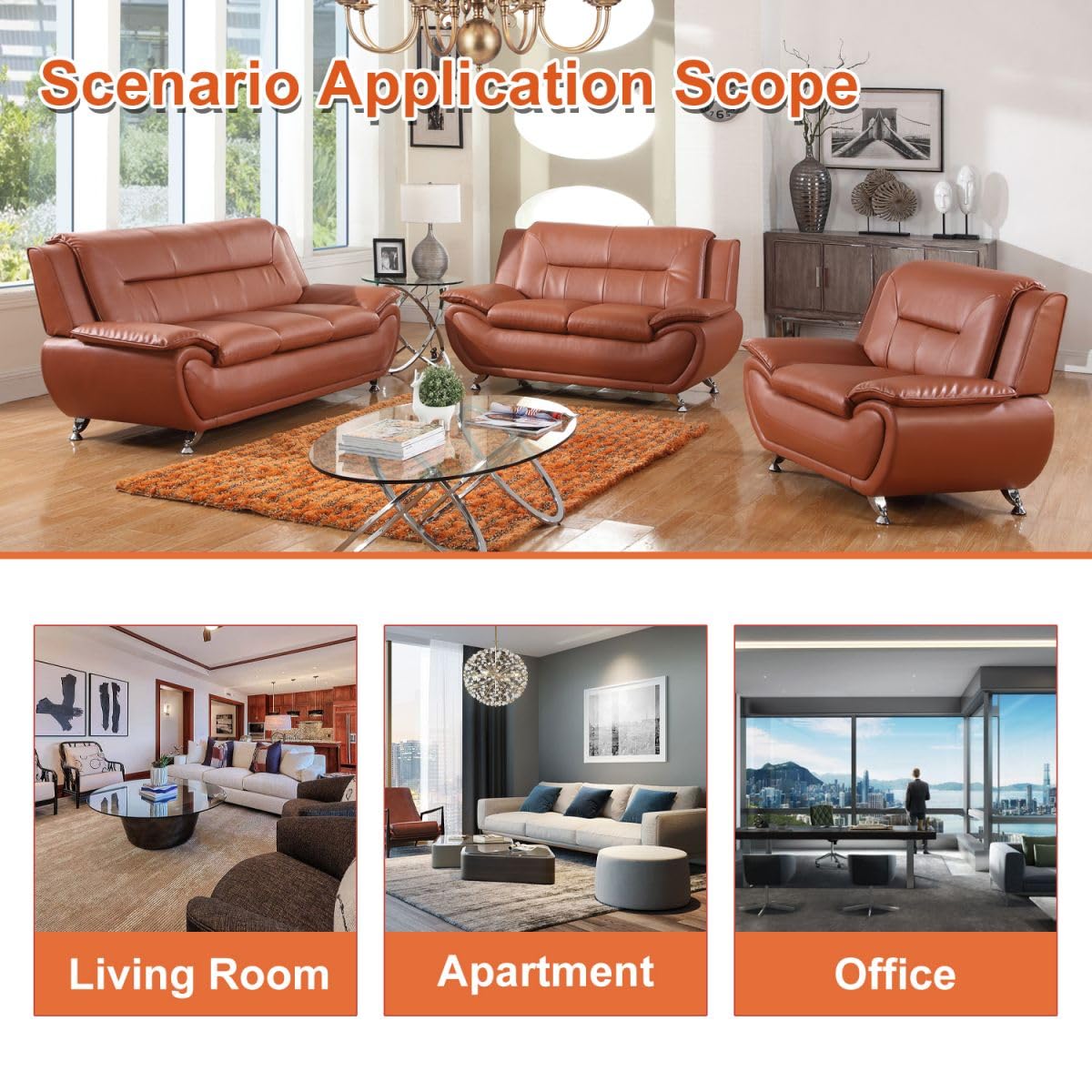 UOCFYK Lounge Comfy Faux Leather Sectional Sofa Modern Couch for Small Living Room/Dorm/Bedroom/Office/Apartment for Small Spaces, (Orange, Three-Piece)