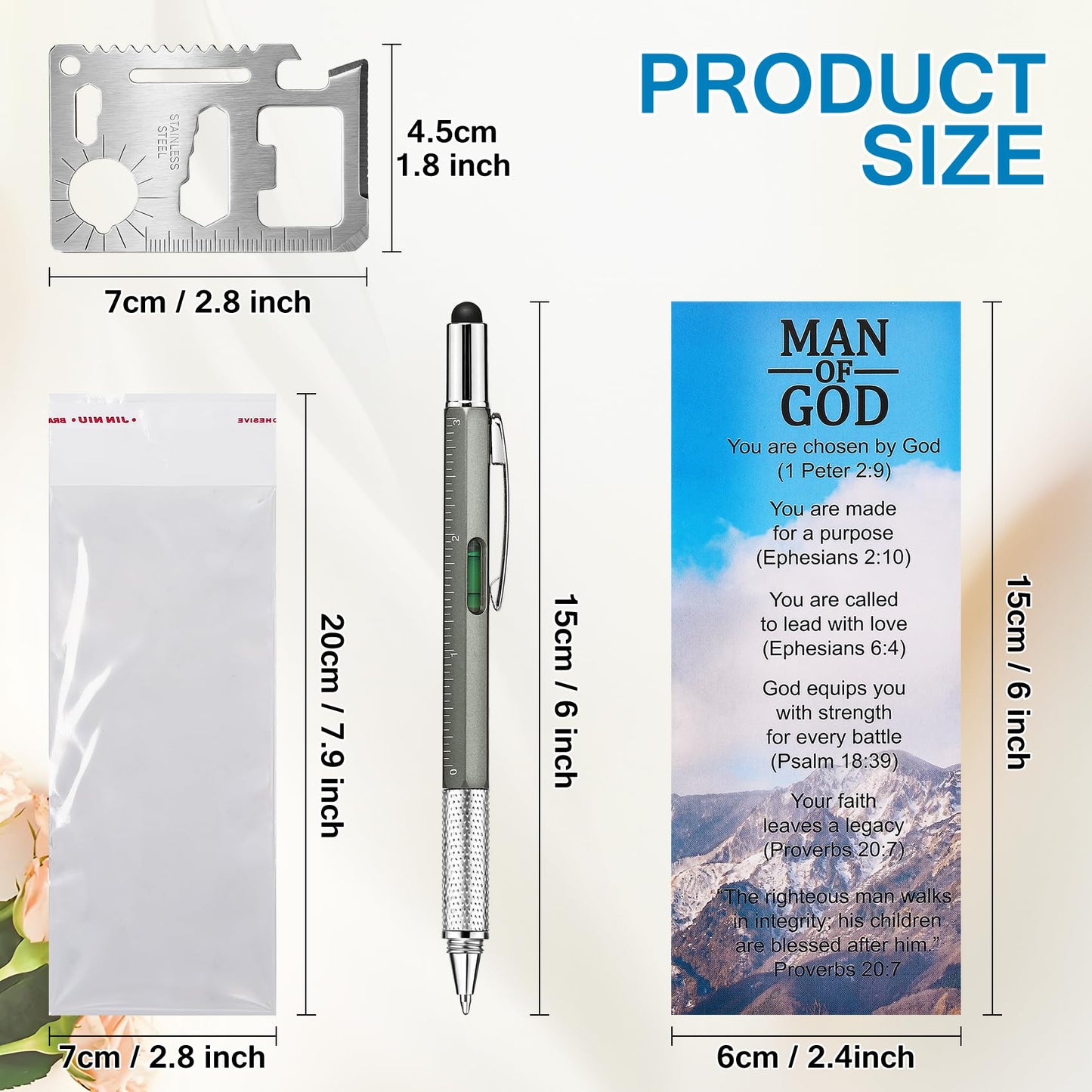 24 Sets 6 in 1 Multi Tool Pen Credit Card Tool Father Day Man of God Gift Christian Church Gifts for Men Bulk Bible Verse Bookmarks Screwdriver Pen Multi Tool Pens for Christian Father Coworker