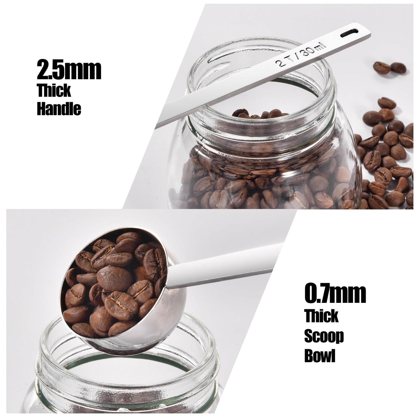 18/8 Stainless Steel Coffee Scoop, Doosu Food-Grade Metal Measuring Spoon with 6.9in Long Handle, Tablespoon Scooper for Coffee Beans, Ground Coffee, Espresso, Protein Powders, Tea, Sugar (2 Tbsp)