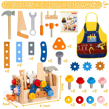 TONZE Kids Tool Set with Apron, 39 PCS Wooden Toddler Tool Bench Box Montessori Toys for 2 3 4 Year Old Boys Girls, Educational STEM Construction Toys Pretend Play Toddler Toys Age 3-5 Birthday Gift