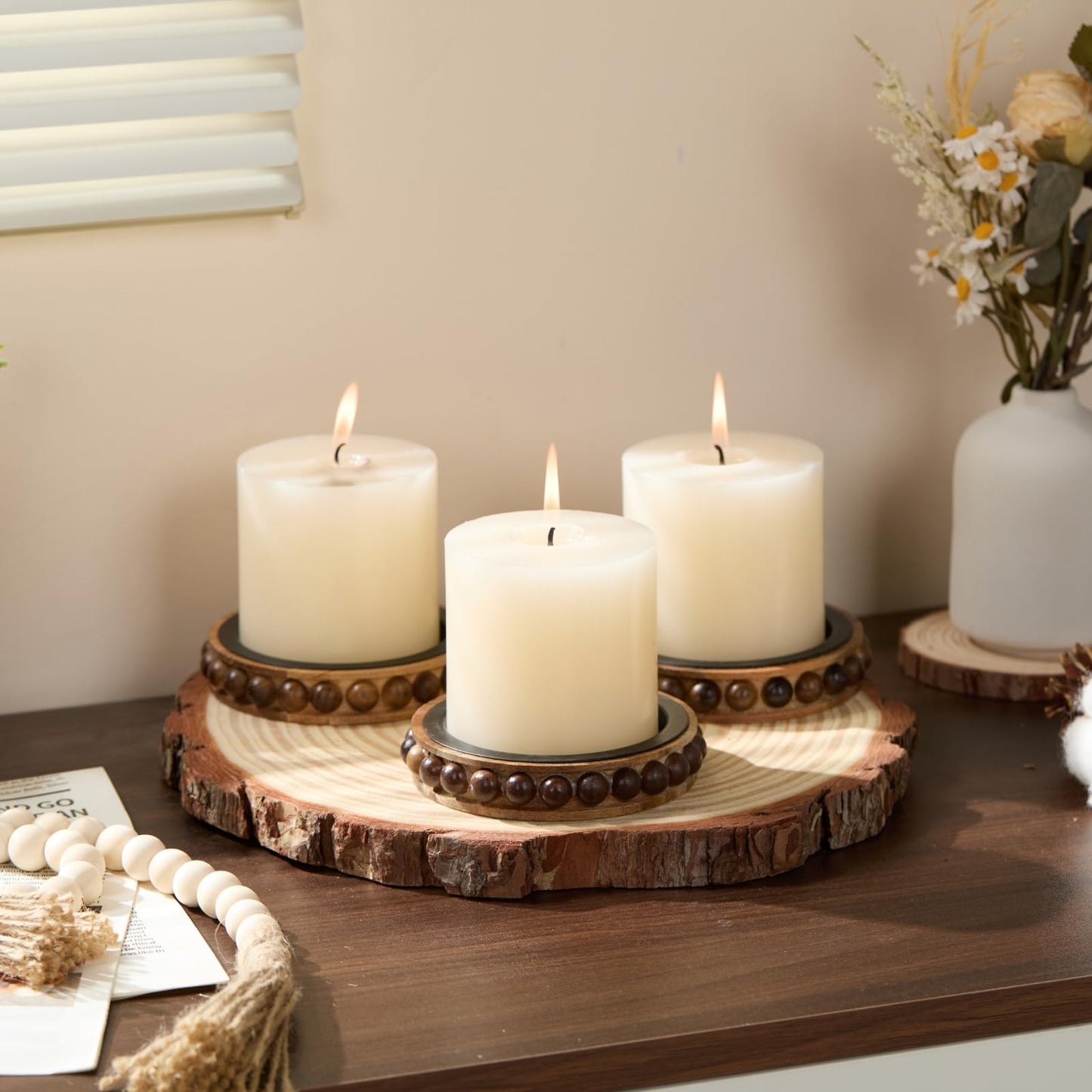 THORNIA Wooden Candle Holders for Pillar Candles, Set of 3 Acacia Wood Beaded Plate with Metal Cup Inserts, 4 Inch Rustic Farmhouse Tray Stand for Fireplace Mantel, Table Centerpiece Decor