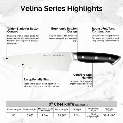 WICKWILLOW 8" Chef Knife – Razor Sharp German Steel – All-Purpose Kitchen Knife for Slicing, Dicing & Chopping – Full Tang & Ergonomic Handle – Gift Box – Velina Series