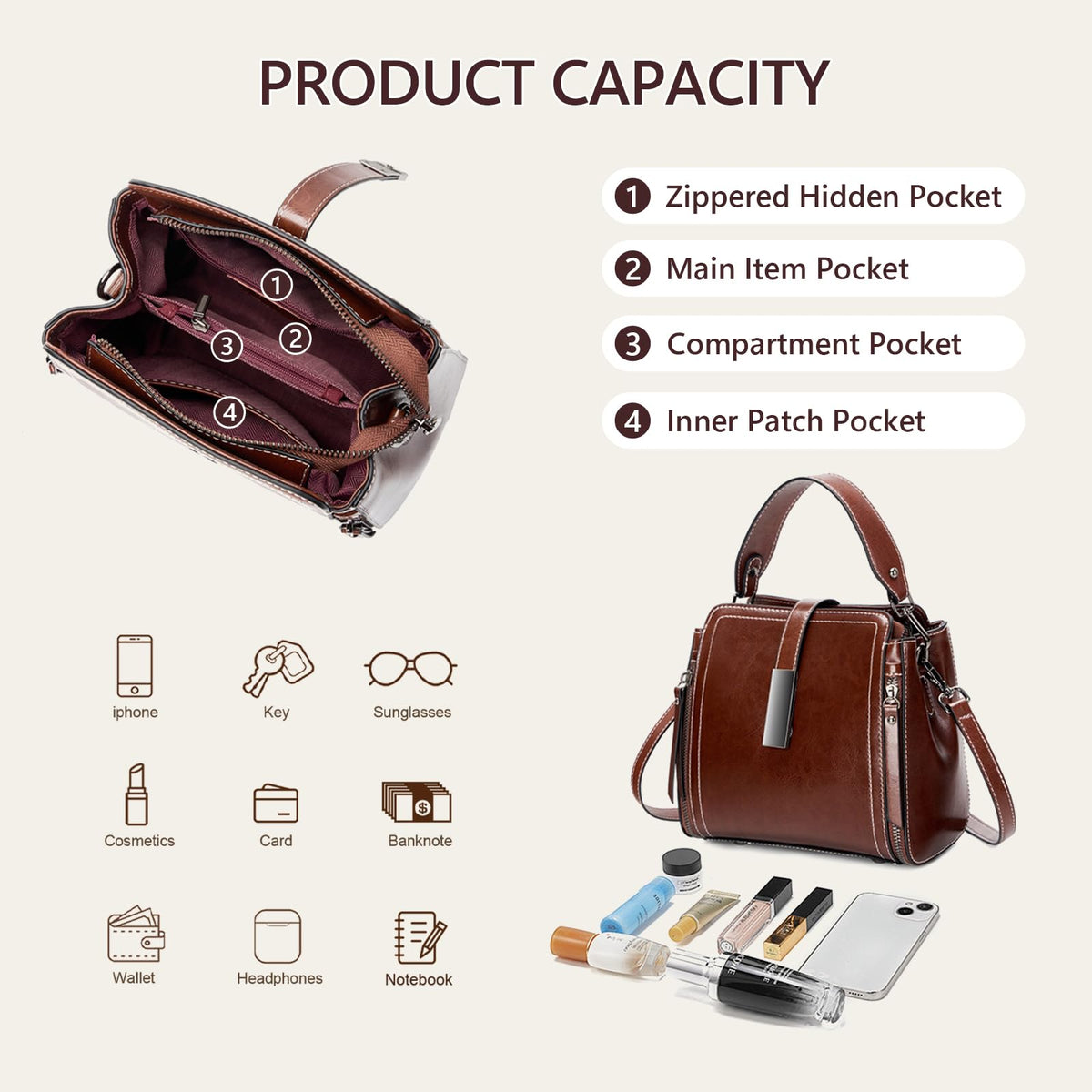MoreFarther Genuine Leather Crossbody Bags for Women, Genuine Leather Purses Bucket Bags Shoulder Bag with Adjustable Shoulder Straps (Caramel)