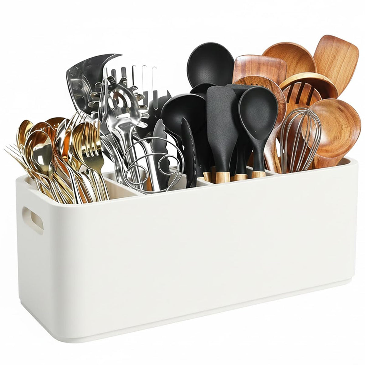 White Wooden Utensil Holder for Counter or Countertop - Extra Large 4 Compartment Wood Utensil Organizer, Painted Spatula Holder, Silverware Crock, Kitchen Utensil Storage