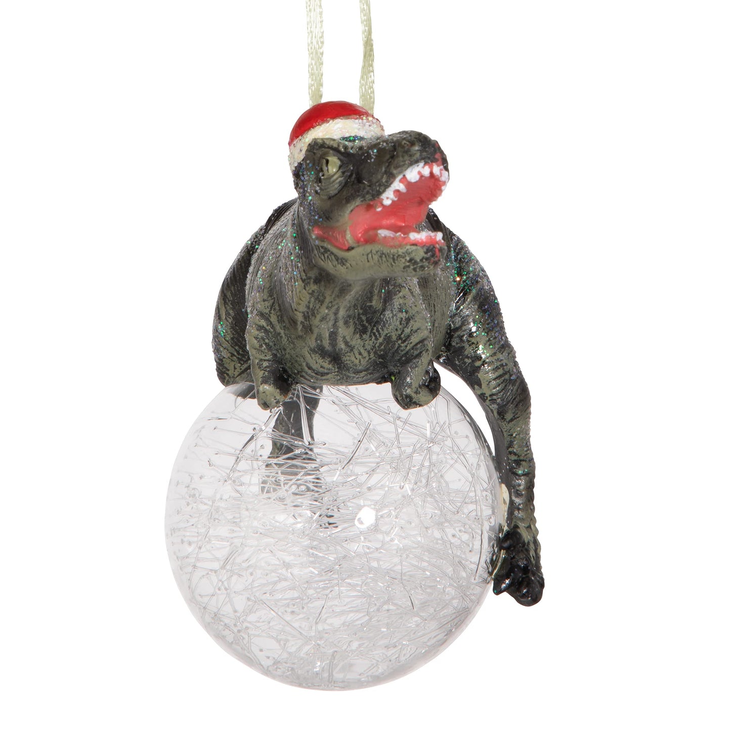 Design Toscano Blitzer the T Rex Dinosaur Christmas Tree Ornament, 5 Inch Long, Cast Stone Resin with Glass Ball, Green Glitter Finish