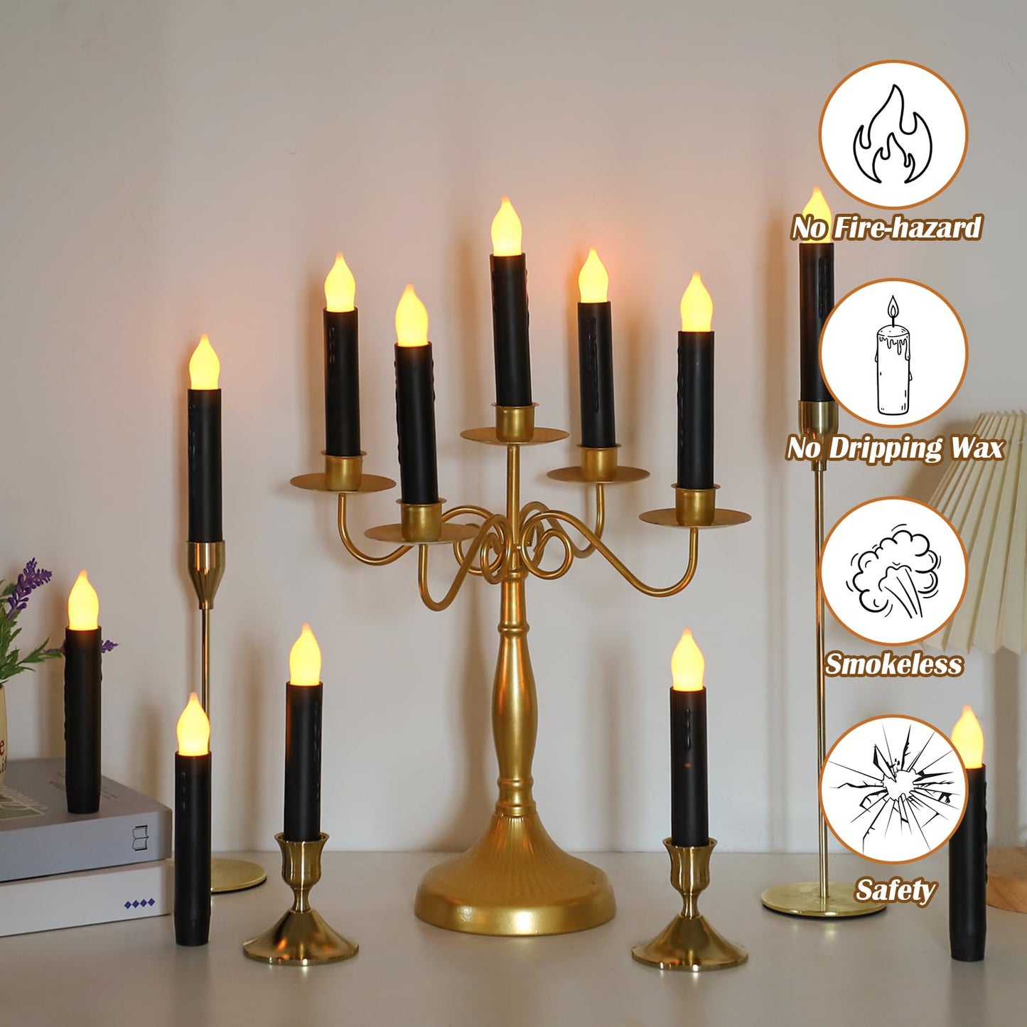 Lezonic 12Pcs Floating Candles with Wand and Remote, Magic Black Flameless Candles Battery Operated, Flikering Hanging LED Taper Candlesticks Halloween Decorations, 0.8" x 6"