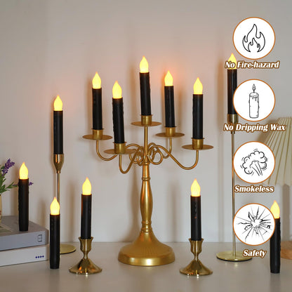 Lezonic 12Pcs Floating Candles with Wand and Remote, Magic Black Flameless Candles Battery Operated, Flikering Hanging LED Taper Candlesticks Halloween Decorations, 0.8" x 6"