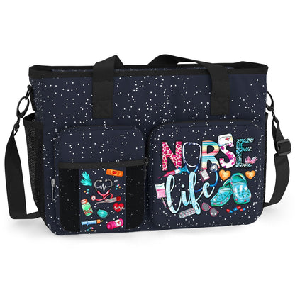 84hoods Nurse Work Bag with Large Compartments, Padded Laptop Storage and Multiple Pockets. Waterproof Nurse Bag for Work. Shoulder Bag Nurse Tote Bag. Nurse Life Galaxy.