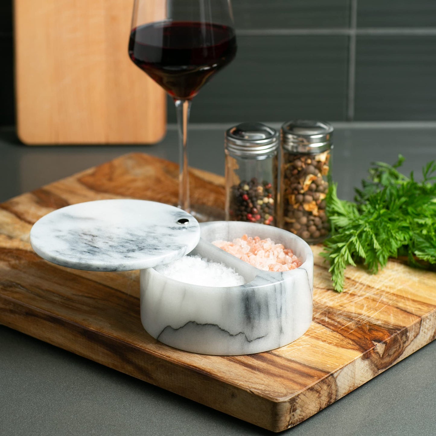 RSVP International Dual Compartment Box | Chic & Modern Herb Container | 10 Ounces Total | Swivel Top Protects Salts | Beautiful, Solid Marble, 5", White