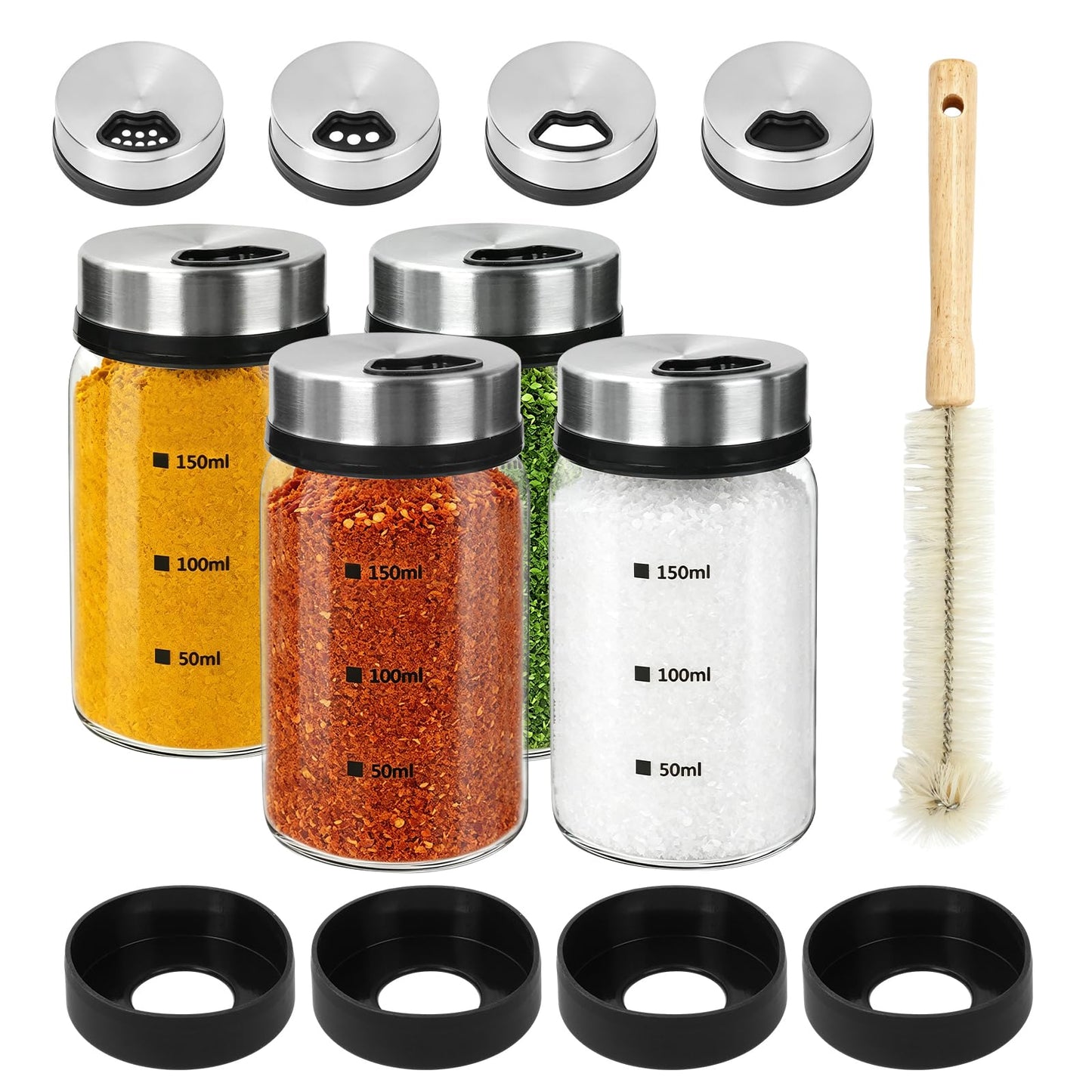 WRENYZK 4 Pcs 150ml Glass Salt Pepper Shakers with 4 Silicone Holders & 1 Brush, Spice Jars with Adjustable Pour Holes, Salt Dispenser for Seasoning Kitchen
