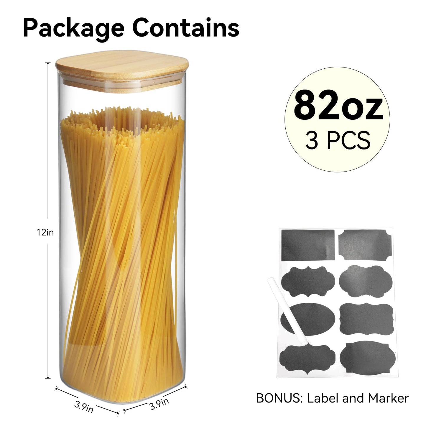Glass Spaghetti Pasta Storage Container - 3 Pack 2.5 QT Airtight Food Storage Jar Set with Bamboo Lid Labels -Tall Square Kitchen Pantry Canister Organizers for Noodle Cookies Flour Cereal Coffee Bean
