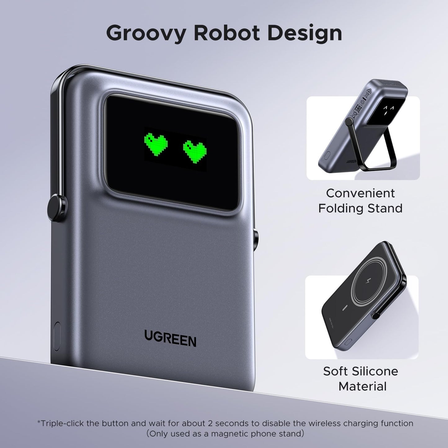 UGREEN Uno 10000mAh Magnetic Portable Charger, Qi 7.5W Wireless Power Bank, PD 20W USB C Battery Pack with Foldable Stand and TFT Display MagSafe Compatible iPhone 17/16 /15/14/13/12 Series, Black