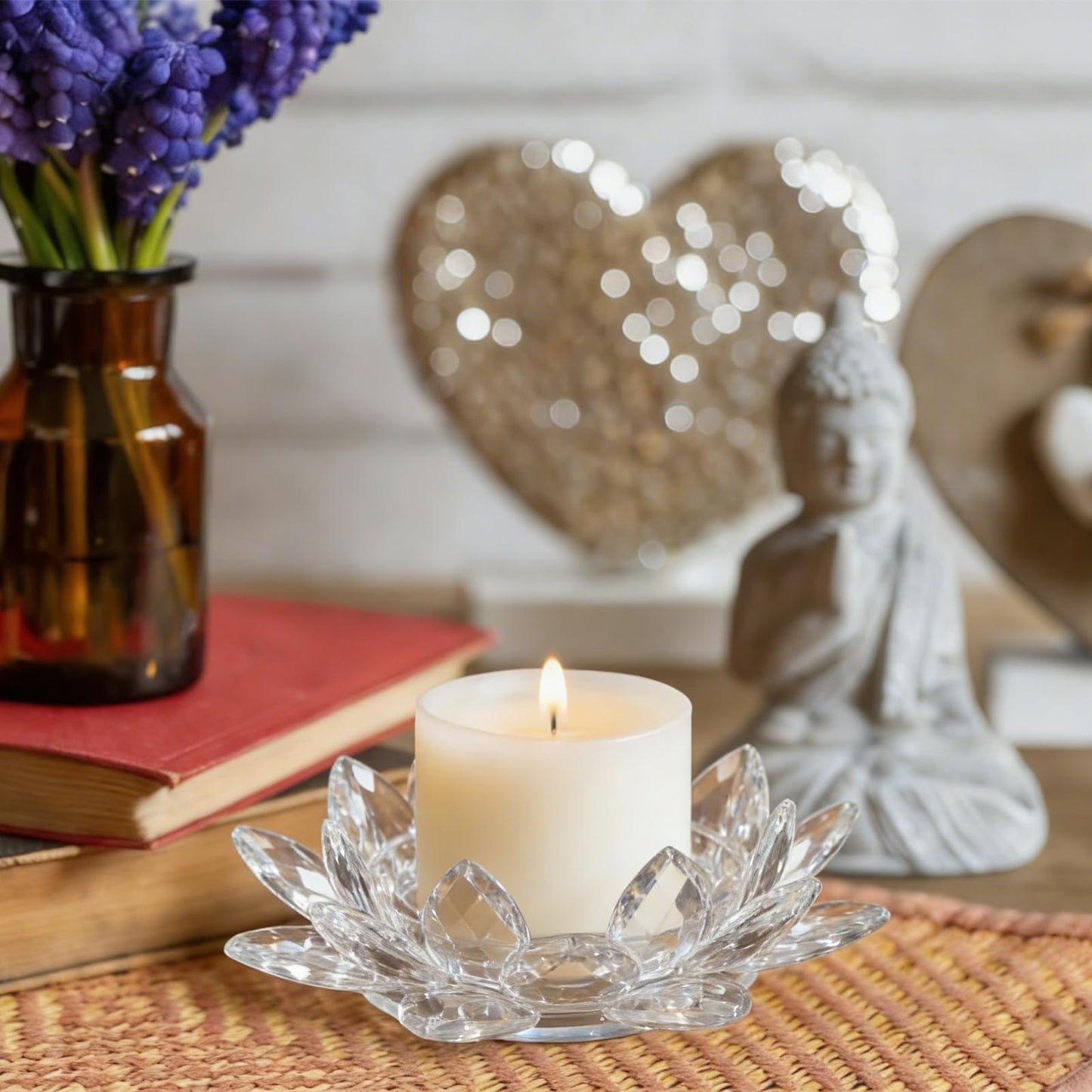 Kolnlala Large Crystal Lotus Tealight Candle Holder for Up to 6" Diameter Pillar Candlestick, Chunky Glass Votive Stand for Wedding, Party, Table Centerpiece Decor and Yoga Meditation (1, Clear)