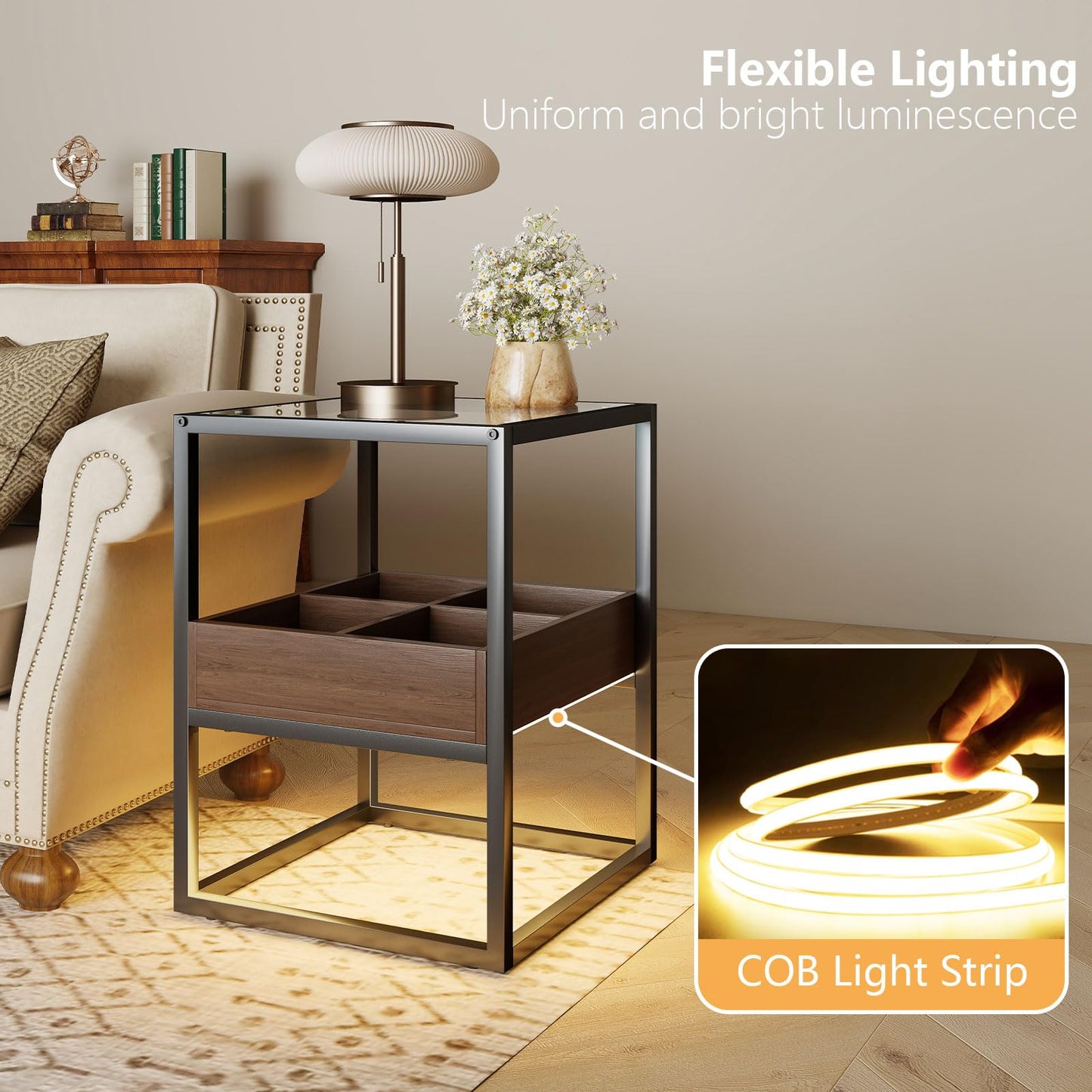 Permory Tempered Glass Top End Table with USB Port, Dimmable Warm Brown-Toned COB Strip Light for Living Room Bedroom