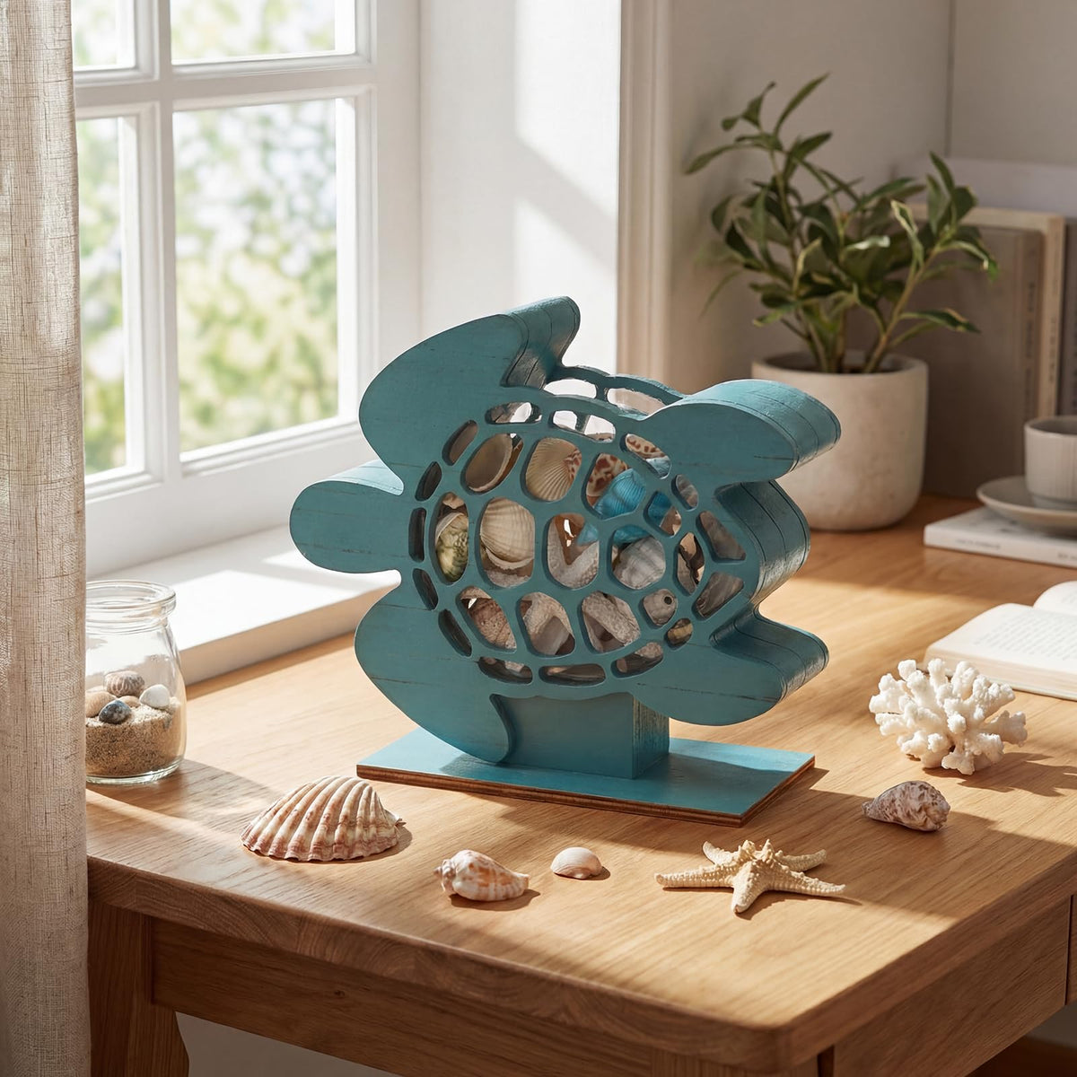 CroBlissful Green Sea Turtle Seashell Holder Seashell Display Box Wooden Small Starfish Shell Display Case with Acrylic Clear Window Shark Tooth Collection Box for Shells Sea Rock Home Decor Present