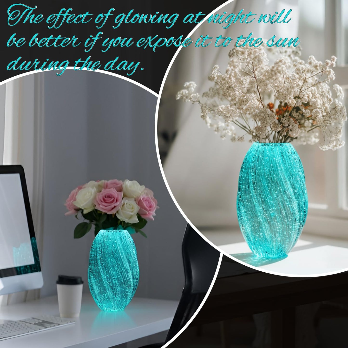 Ferrochef Handmade Glass Flower Vase Luminous Waves Decorative Modern Art Mouth Vase Home Decor Rustic Floral Arrangement Centerpiece for Living Dining Room Fireplace(Oval)