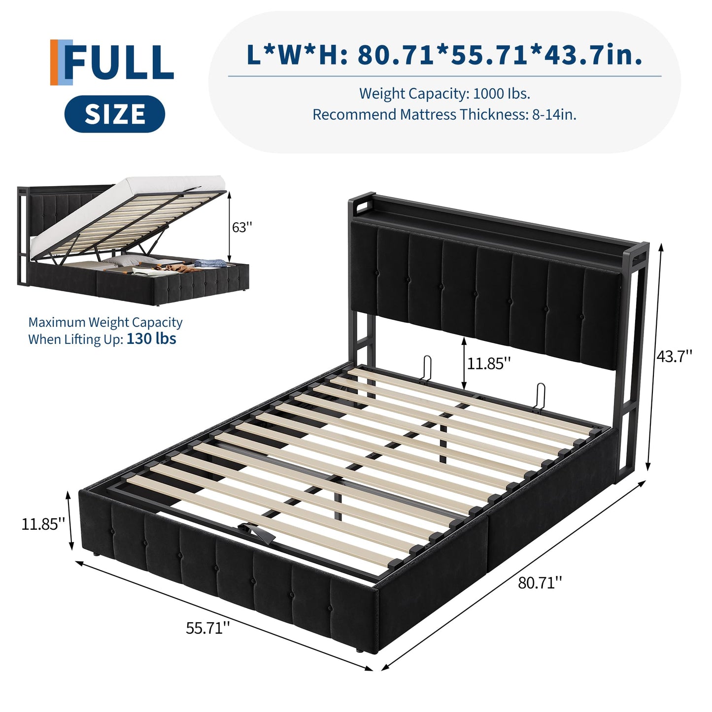 Garvee Full Size Lift Up Storage Bed, Upholstered Velvet Bed Frame with Storage Headboard, Metal Platform Bed, No Box Spring Needed, Solid Wooden Slats, Noise Free, Black