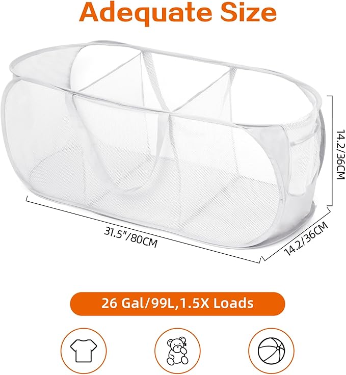 Durable Collapsible Foldable Mesh Pop Up Laundry Basket, 3 Compartments Easy to