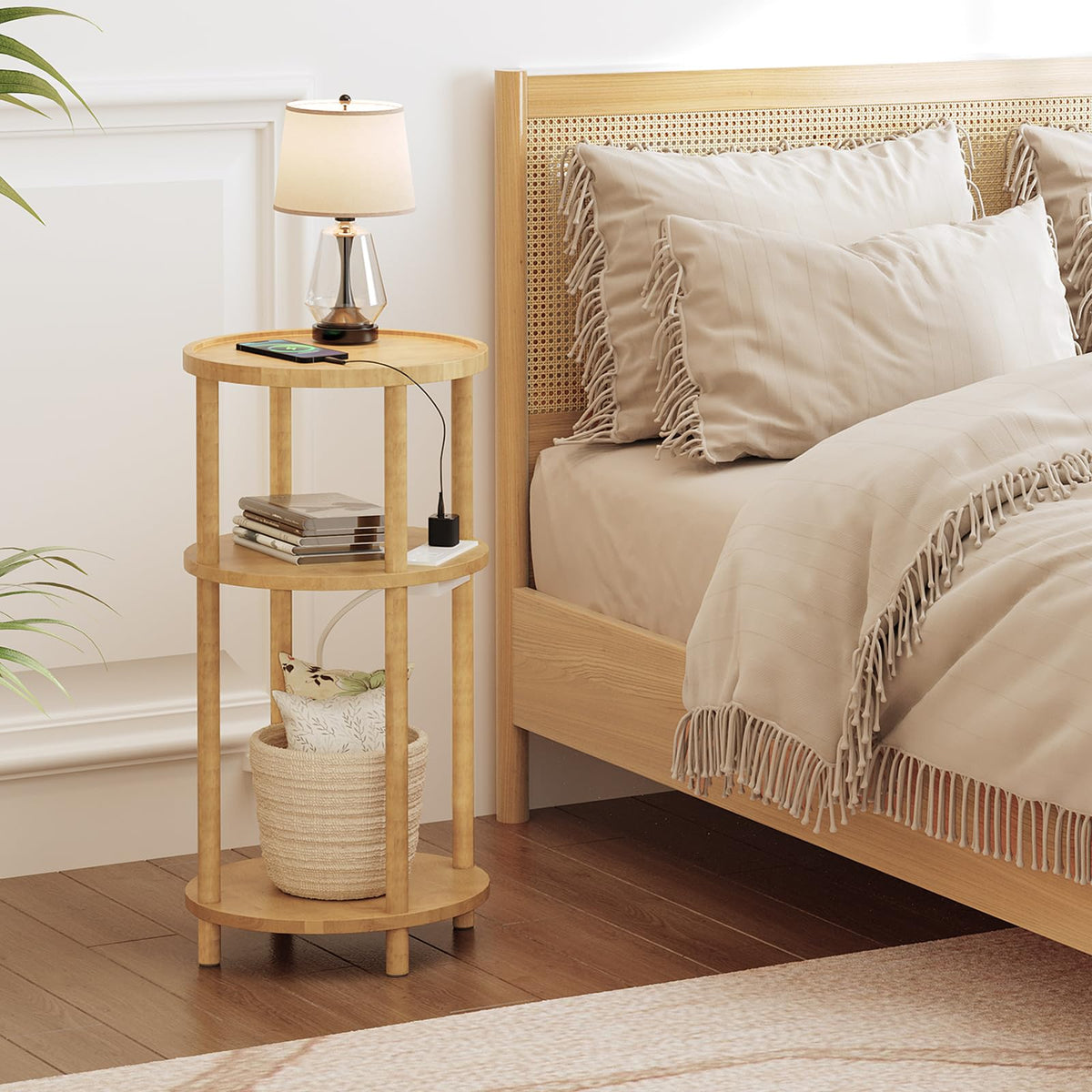 HOOBRO Small Round Side Table with Charging Station, 3-Tier Round Bamboo End Table, Compact Sofa Bedside Table for Small Space, Easy Assembly, for Living Room, Bedroom, Apartment, Natural YL152UBZ01