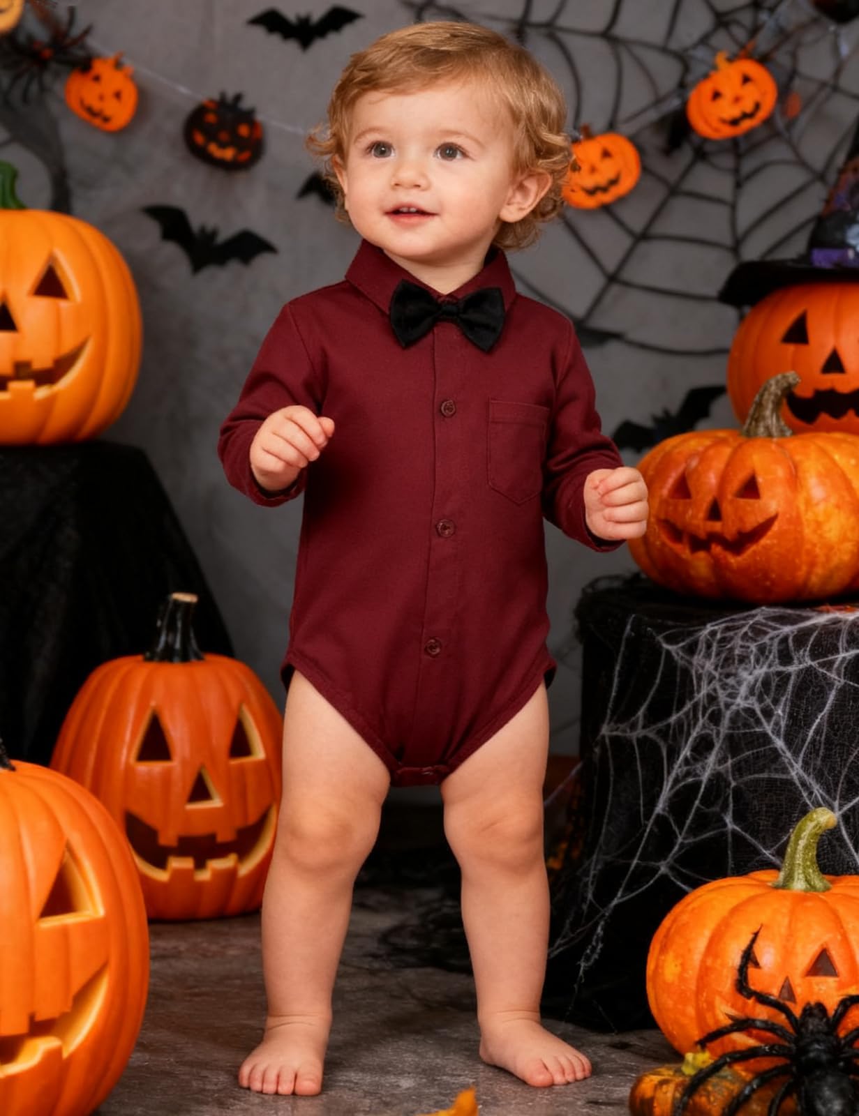 A&J DESIGN Wine Red Baby Boy Dress Shirt Infant Formal Christmas Wedding Romper Gentleman Long Sleeve One Piece Bodysuit with Bowtie 6-9 Months Burgundy