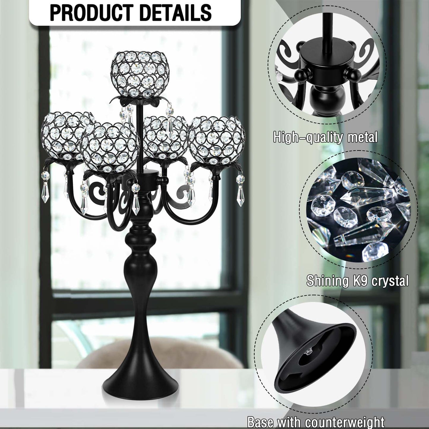 5 Arm Elegant Crystal Candle Holder,Candlestick for Wedding Table Centerpiece, 22 Inch Tall Candle Holder Table Candelabra Event Party Table Centerpiece,Home Decoration. (4, Black, Round Crystal)