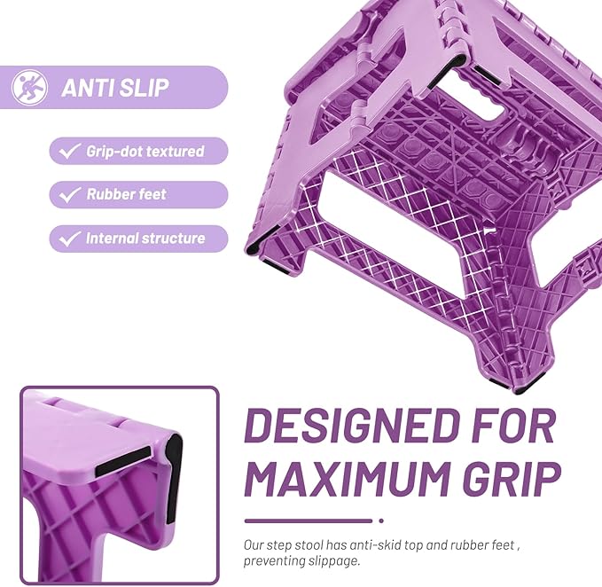 Delxo 9 inch Folding Step Stool, Non-Slip Foldable Small Stools Up to 300 LBS, Kids Step Stool with Handle Lightweight for Kitchen, Bathroom, Bedroom, Garden, Light Purple, 1PC