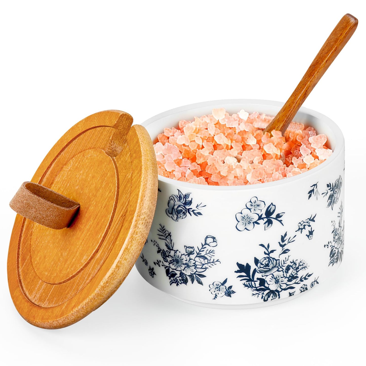SUOWEEI Ceramics Salt Container, 7.5 oz Classical Porcelain Salt Cellar with Lid and Spoon, Pepper Bowls Seasoning Container for Countertop Kitchen