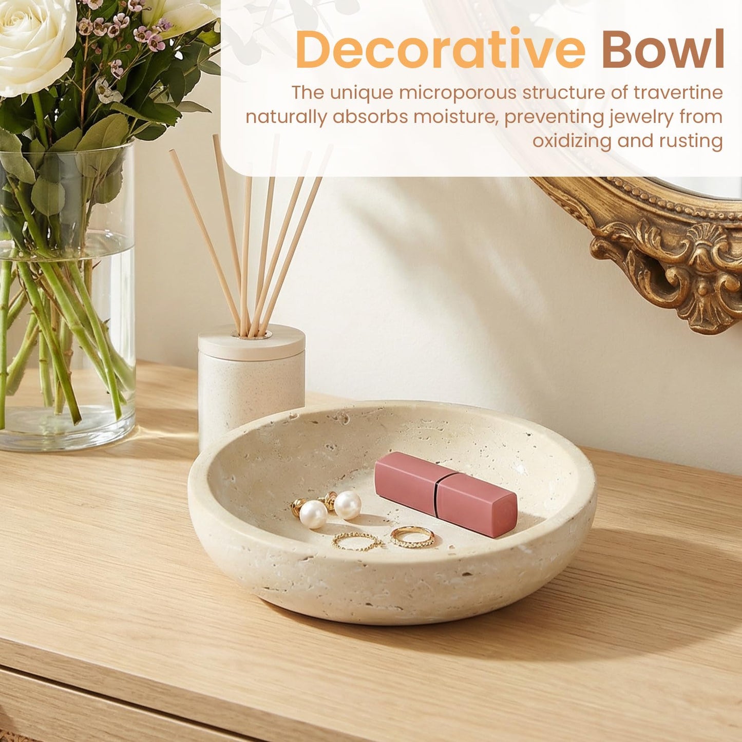 Travertine Marble Bowl & Decorative Bowl, 7.8" Modern Home Decor Key Bowl for Entryway, Natural Stone Centerpiece for Coffee Table, Ring Tray, Housewarming Gifts, Apartment Essentials Must Haves