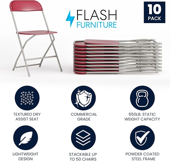 Hercules Series Plastic Folding Chair Red - 10 Pack 650LB Weight Capacity Comfortable Event Chair-Lightweight Folding Chair