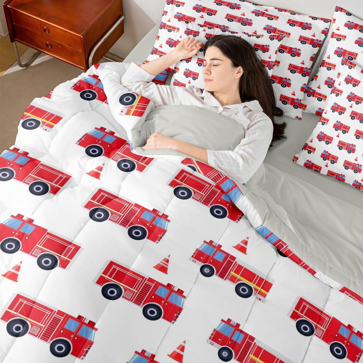 Erosebridal Cartoon Fire Truck Twin 7 Pcs Bedding Set, Red Firemen Car Bed in A Bag, Fire Engine Comforter Set with Sheets for Kids Men Teens Boys Room Decor, White Bed Sets, Microfiber