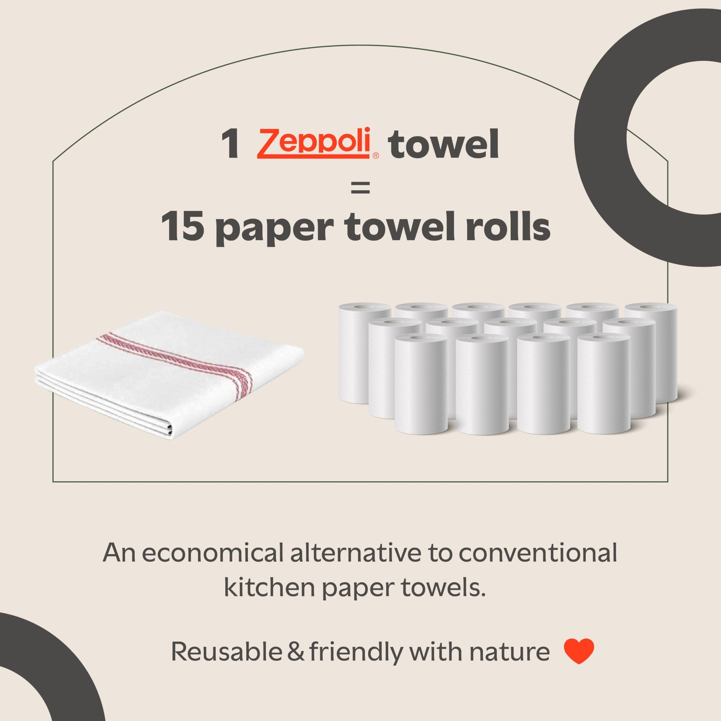 Zeppoli Tea Towel Set Kitchen Towels – 36 x 64 CM 100% Natural Cotton Dish Catering Towels - Soft and Absorbent Reusable Cleaning Cloths (White Red Striped)