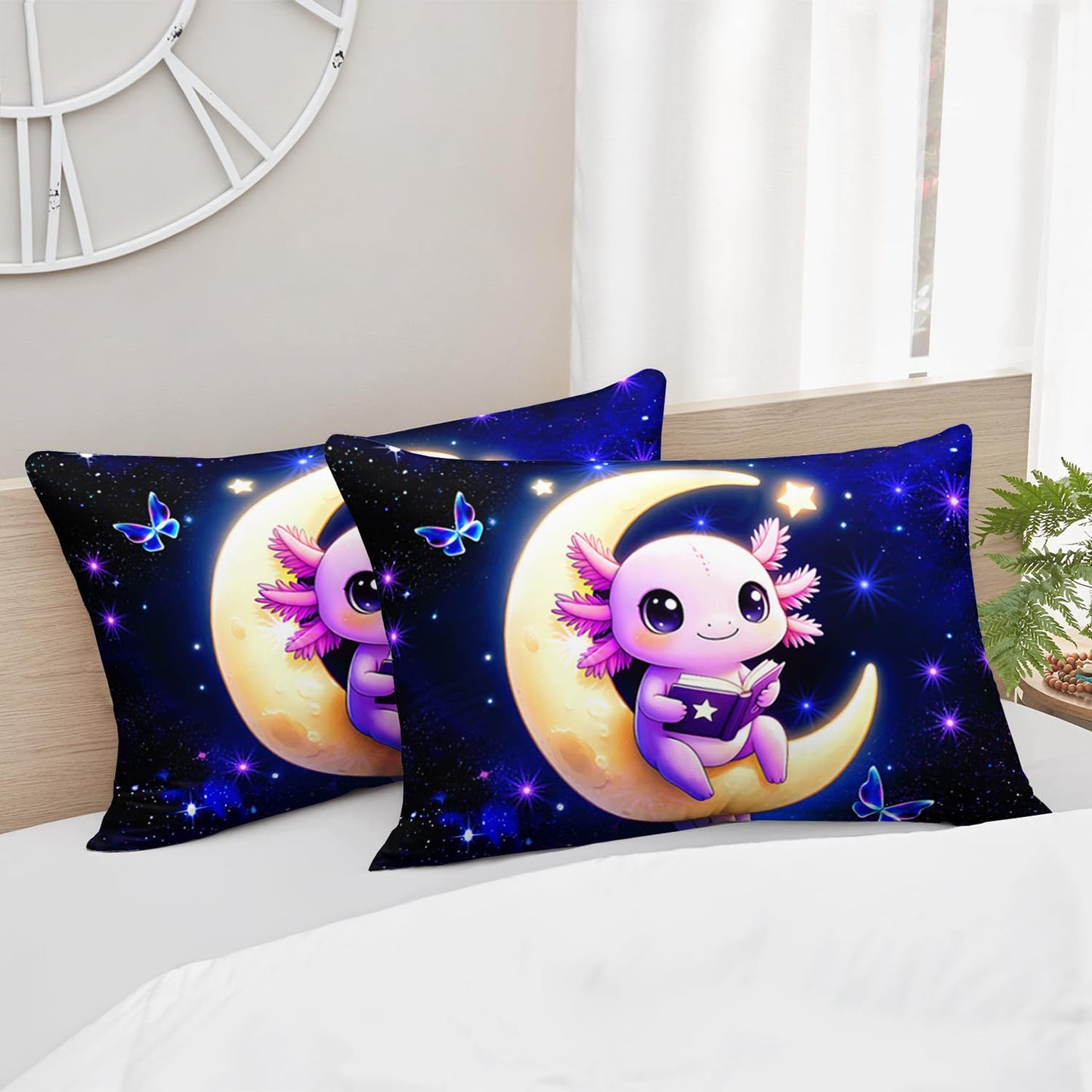 HOSIMA Kawaii Axolotl Twin Fitted Sheet for Kids,Axolotl Sitting on Moon Reading Book,Butterflies Pattern Aesthetic Galaxy Bedding Set for Teenage Girl Room Decor,1 Fitted Sheet+2 Pillowcases.