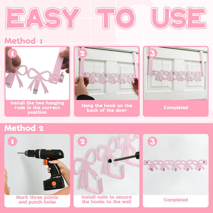 Yitexin 2 Way Mounting, Wall Mount or Over the Door Hooks, Cute Pink Bow Door Rack Hanger for Hanging, Heavy Duty Towel Rack with 5 Hook for Hats Purses Coats Clothes Bathroom Organizer (Pink)