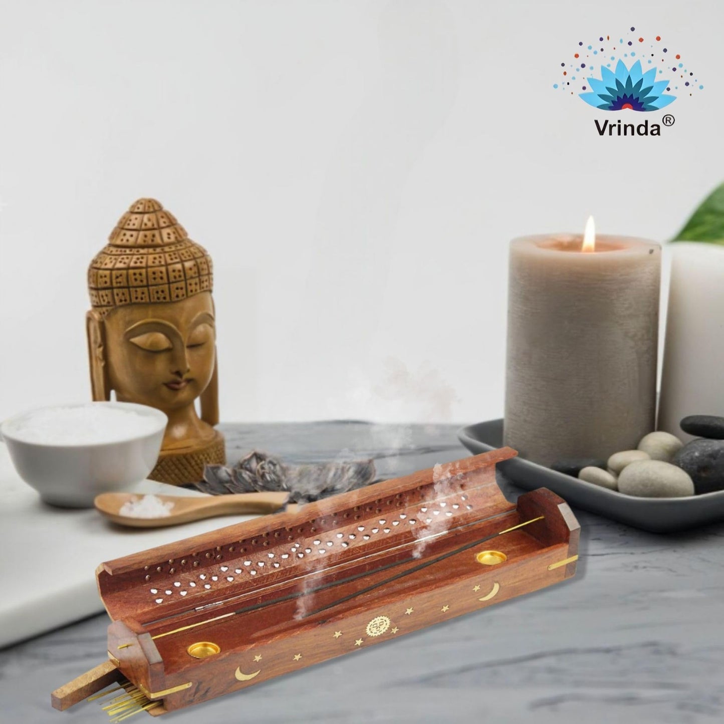 Vrinda® 2 Pack Handcrafted Wooden Incense Stick Holder with Sun and Moon Inlay - Ash Catcher for Meditation - Home Decor & Accessories, 12x2x1.5 inches