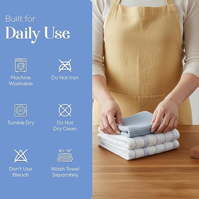 MosJos Kitchen Towels Set of 4 Dish Towels Blue n White Waffle Weave Cotton
