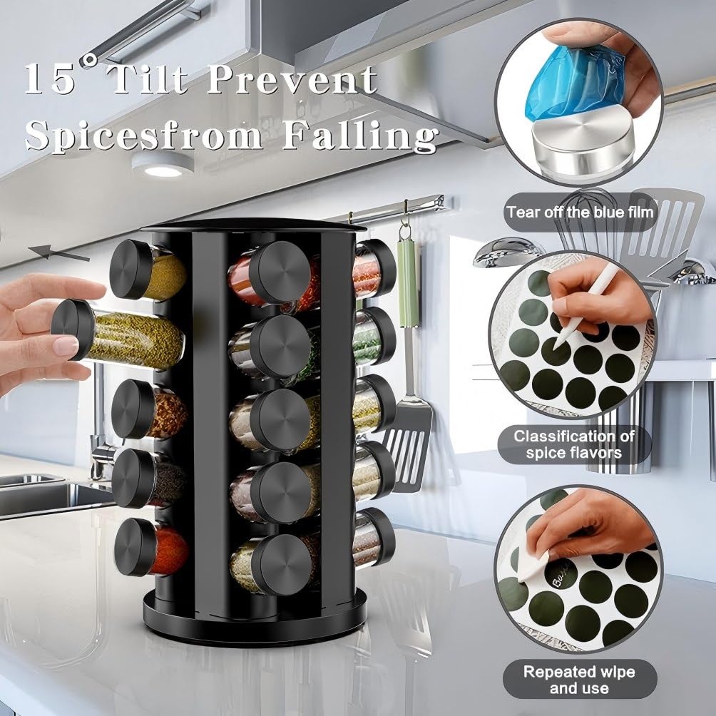 Handisen Rotating Spice Rack Organizer for Cabinet, Spice Racks Storage with 20 Jars, Spinning Spice rack for Kitchen Countertop, Spice Holder,Seasoing Storage Racks, Black