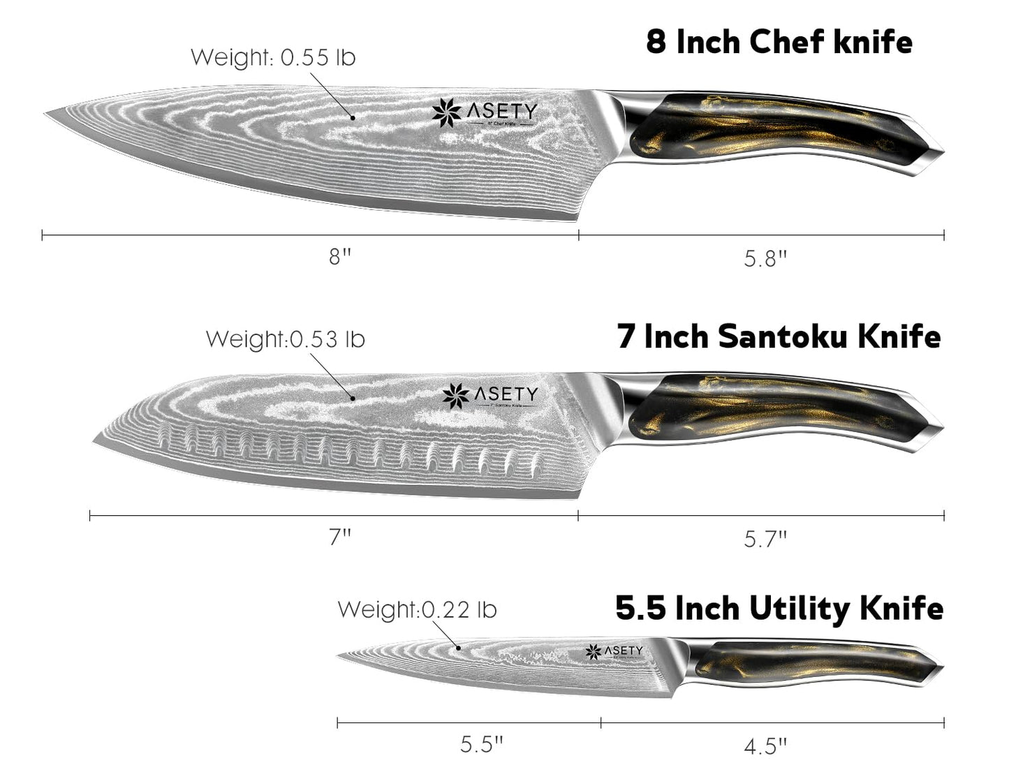 ASETY Damascus Knife Set 3 PCS: Ultra-Sharp Professional Chef Knife Set, Japanese Kitchen Knives with VG10 Steel Core, Full Tang Resin Handle, Elegant Box for Men Women, Mothers Day