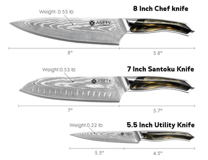 ASETY Damascus Knife Set 3 PCS: Ultra-Sharp Professional Chef Knife Set, Japanese Kitchen Knives with VG10 Steel Core, Full Tang Resin Handle, Elegant Box for Men Women, Mothers Day
