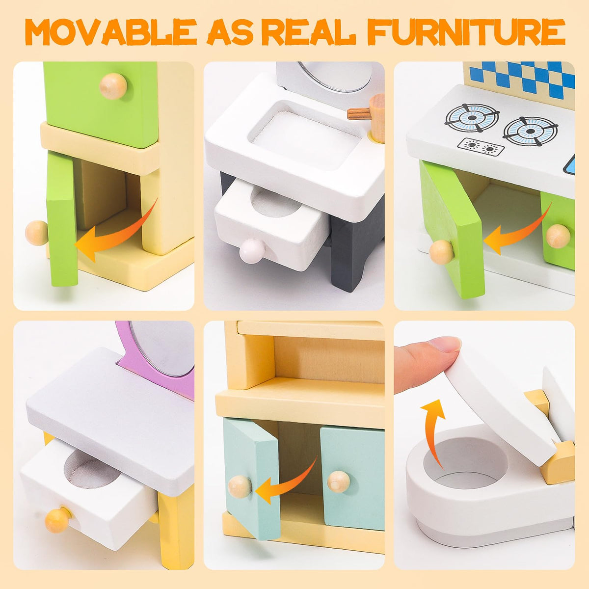 HAPGFS 36PCS Wooden Dollhouse Furniture Set with 4 Flexible Family Dolls - 5 Room Realistic Doll House Accessories for Toddlers 3 4 5 6, Pretend Play Toys Gift for Birthday and Christmas