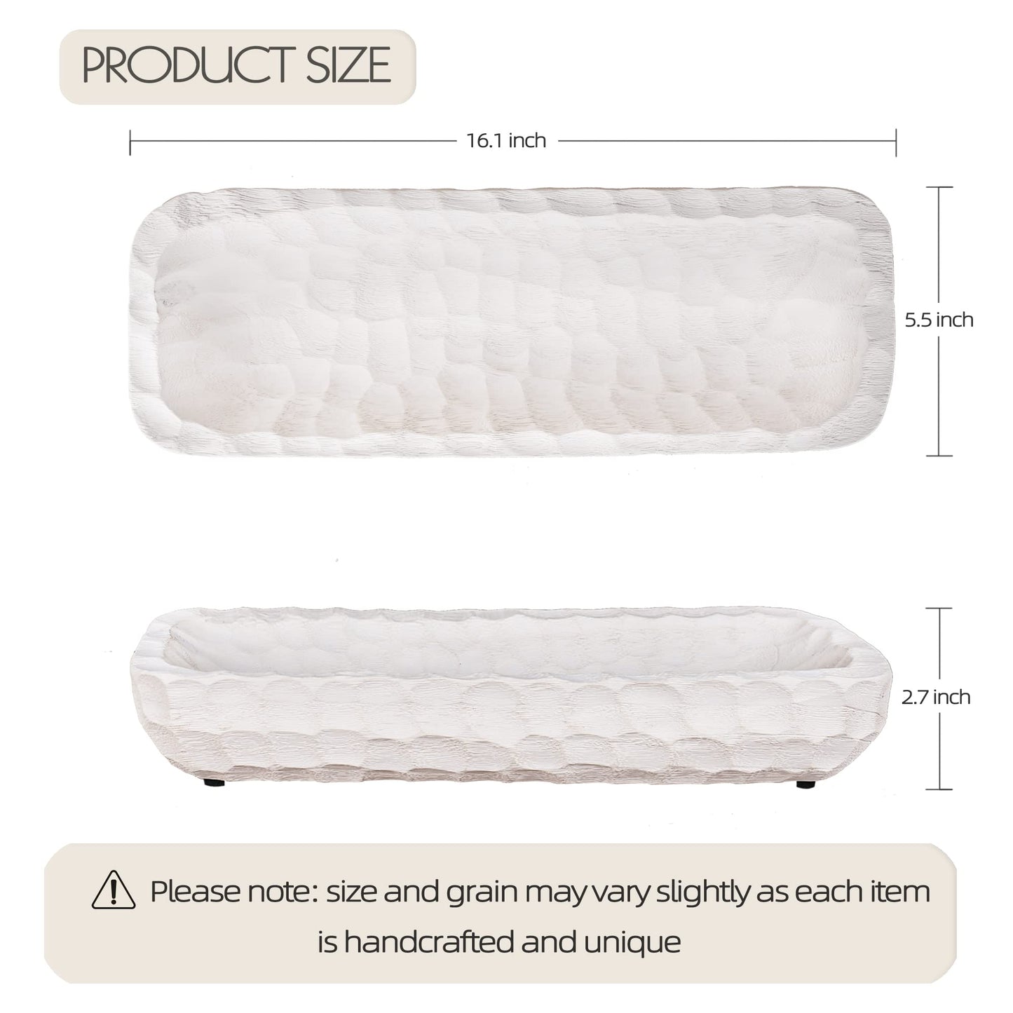 Decorative Bowl for Home Decor, Long Dough Bowl with Hand Carved Irregular Texture, Unique Table Centerpieces, Wooden Home Decor Accents for Farmhouse Boho Rustic Style(16.1"x 5.5" Washed White)