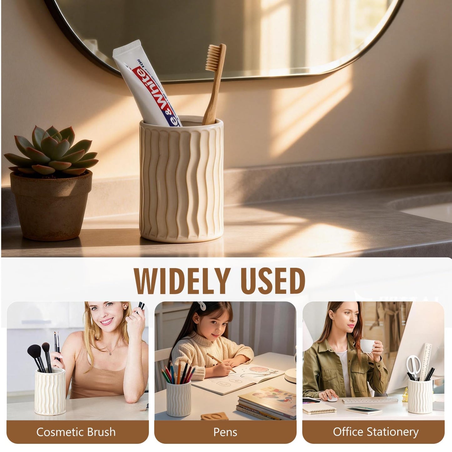 Ceramic Toothbrush Holder for Bathroom, White Tooth Brushing Holders, Bathroom Counter Organizer, Toothbrush Mouthwash Cup for Family
