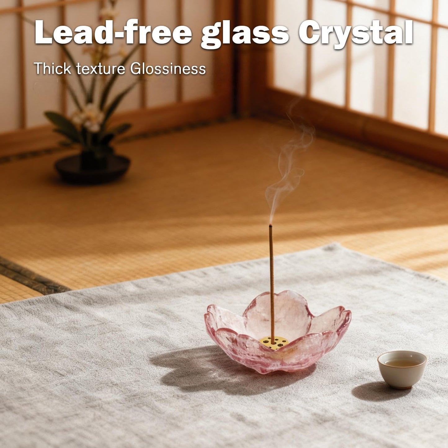 Incense Holder for Sticks, Glass Backflow Incense Burner with 9 Stick Holes, Handmade Cherry Blossom Incense Holder with Ash Catcher for Meditation, Yoga, Home Decor (NO with Gilt-Edged)
