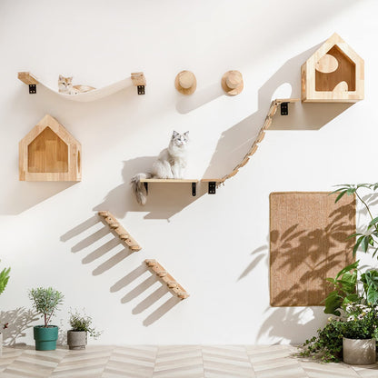 FUKUMARU Cat Wall Furniture, Cat Climbing Step 30cm Wall Mounted with Jute Scratches,Natural Rubber Wood Material, for Most Medium and Large Cats, Pack of 2